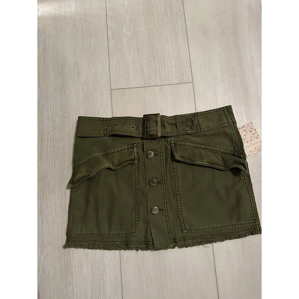 NWT Free People Hanging On‎ Tight Utility Cargo Mini Skirt Sz 6 - Olive Green